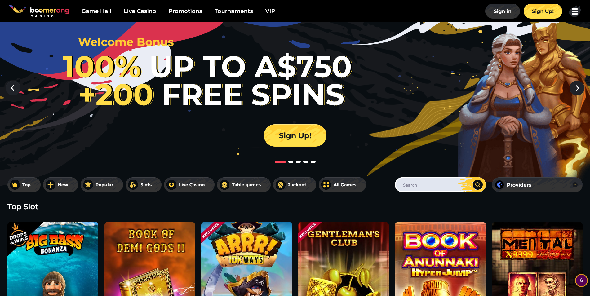 Screenshot of main page on Boomerang casino site
