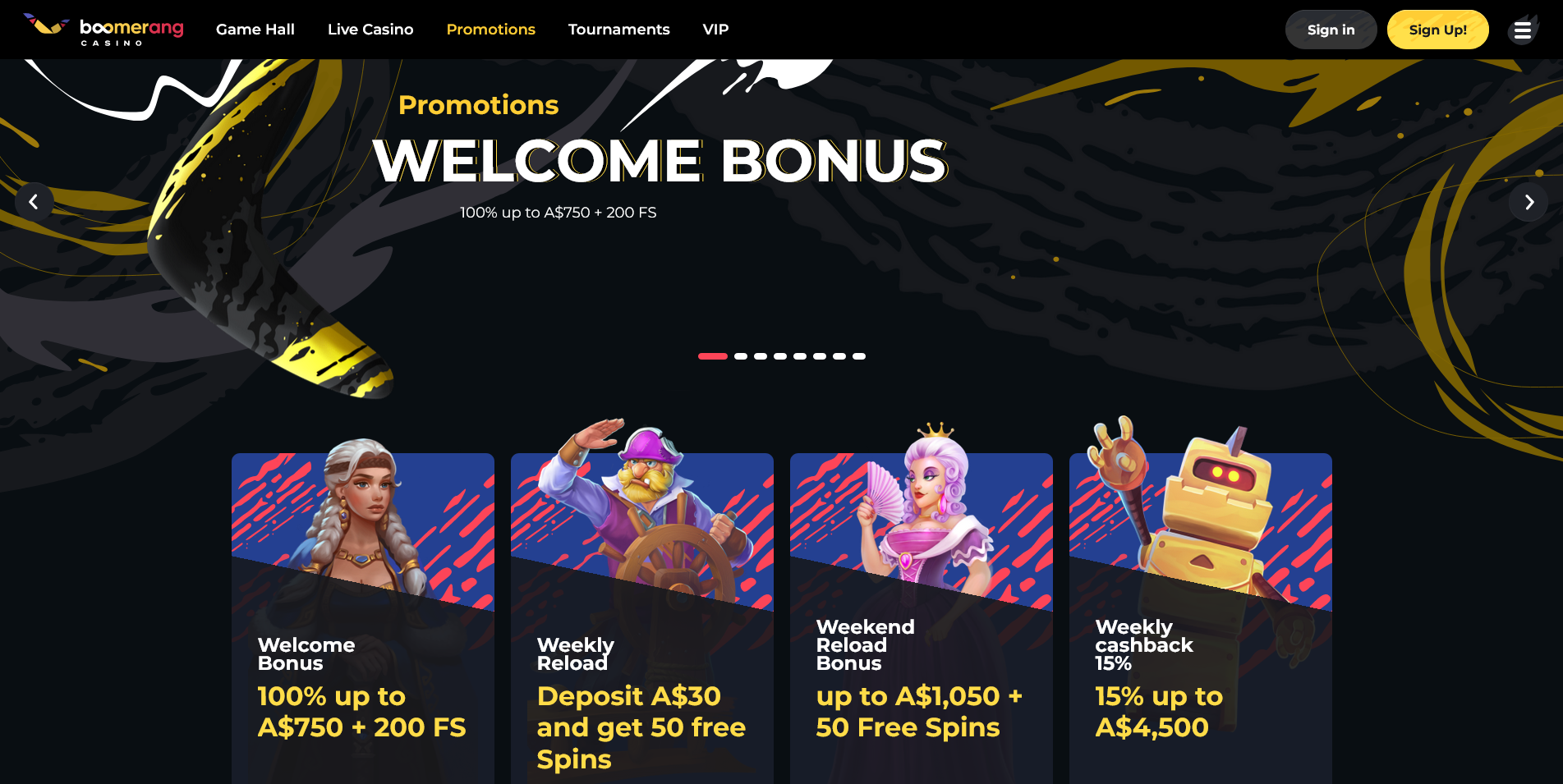 Screenshot of Bonuses page on Boomerang casino site