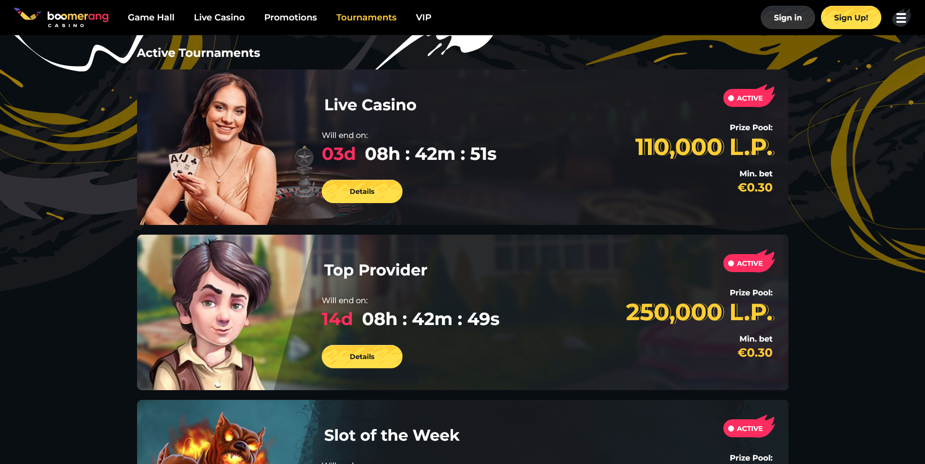 Screenshot of Tournaments page on Boomerang casino site