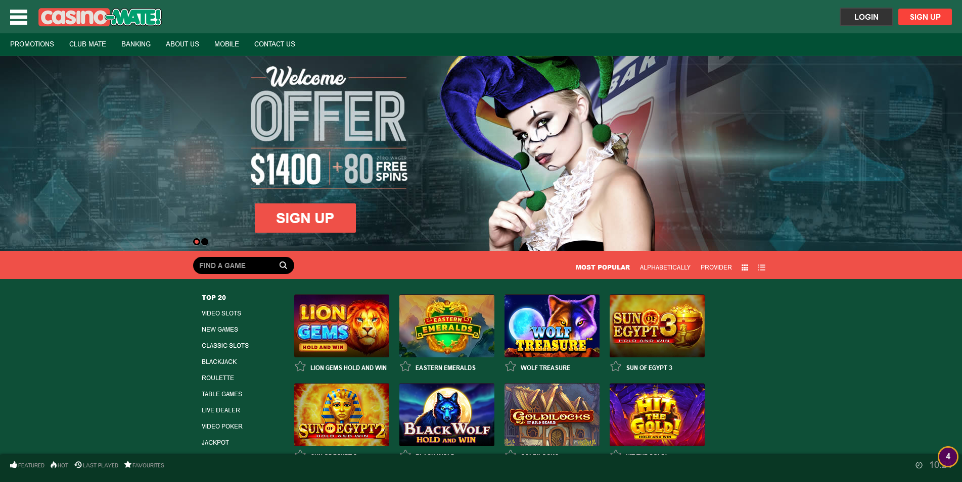 Screenshot of main page on Casino Mate site