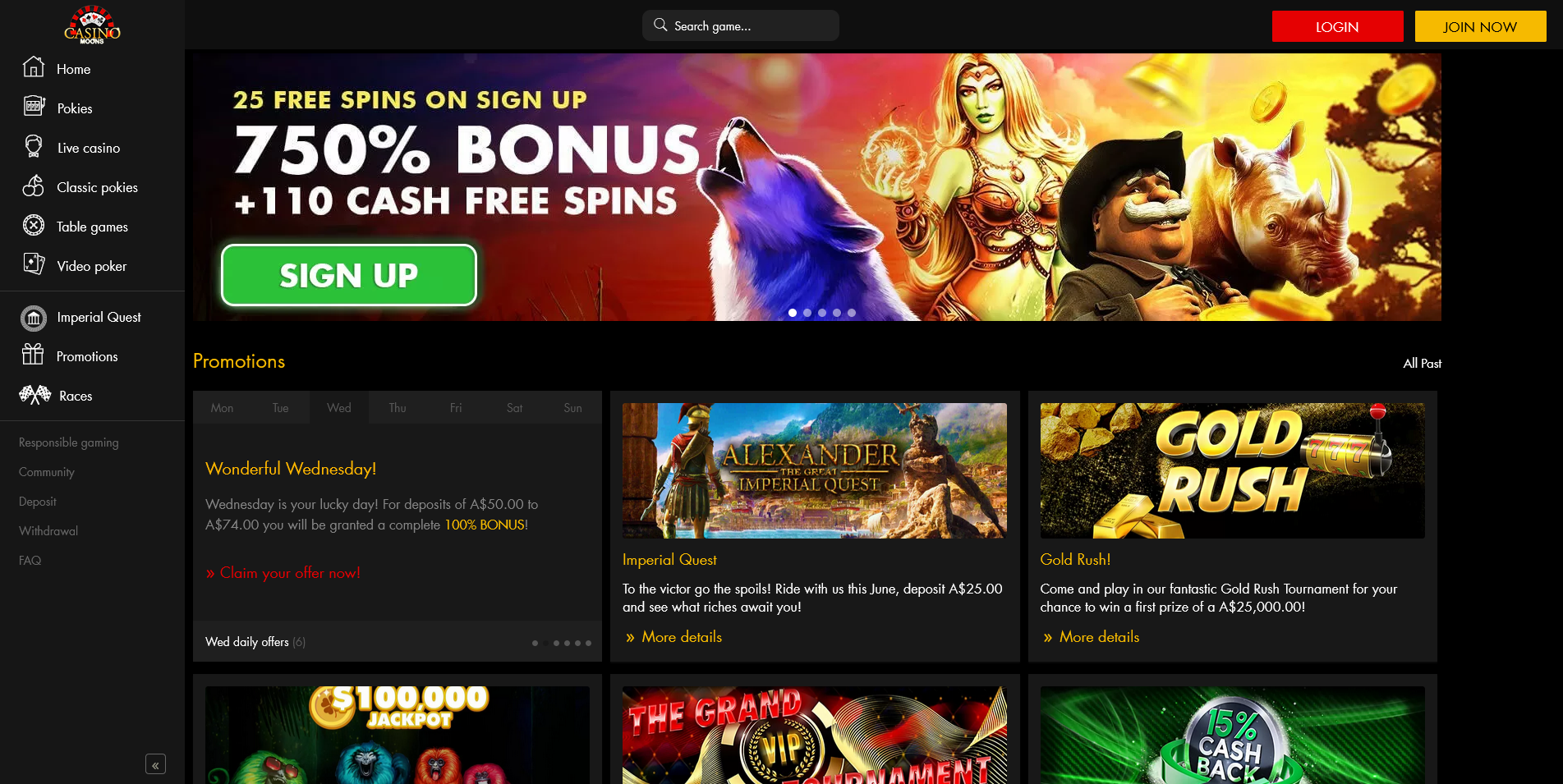 Screenshot of Promotions page on Casino Moons site