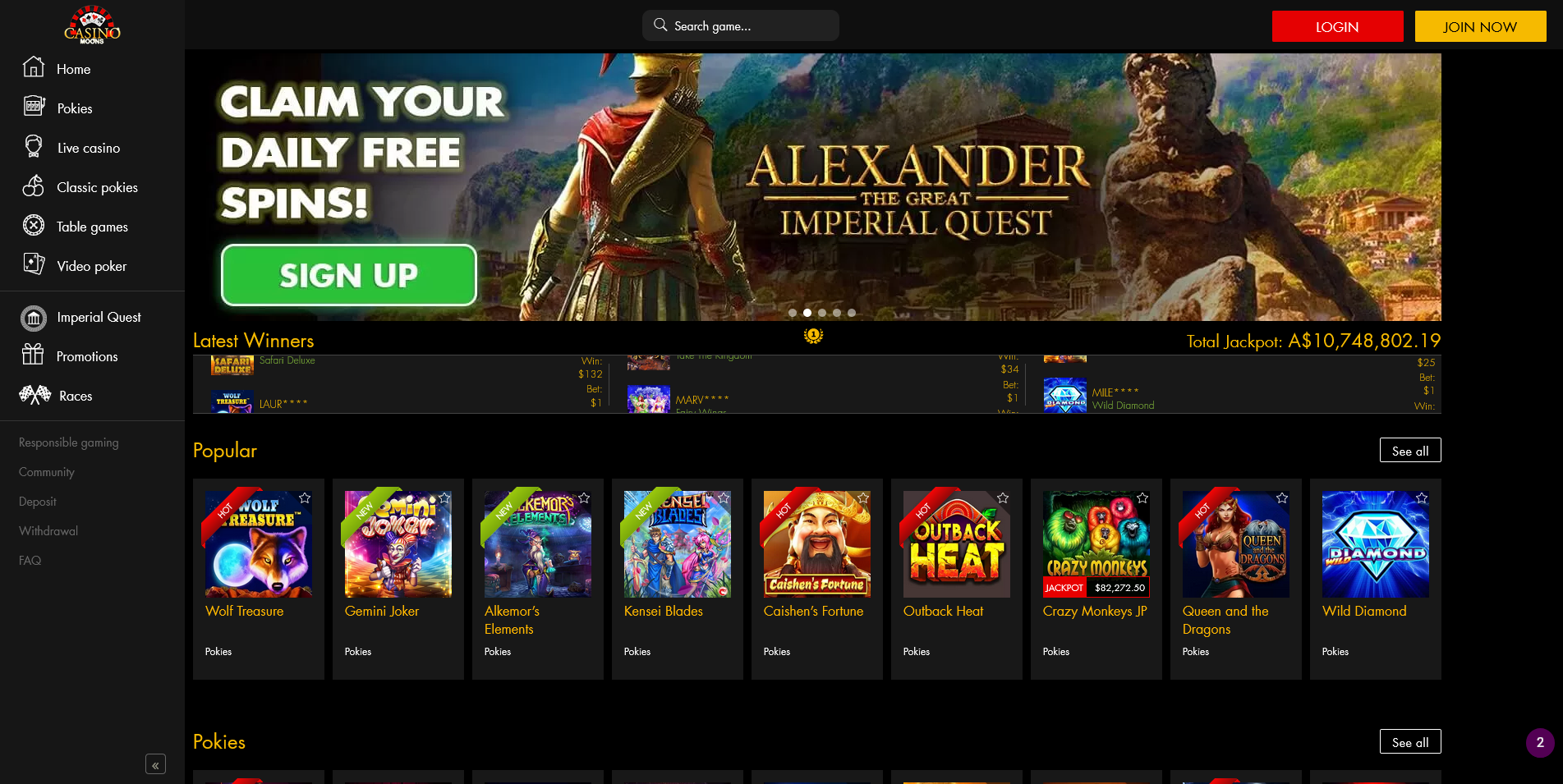 Screenshot of main page on Casino Moons site