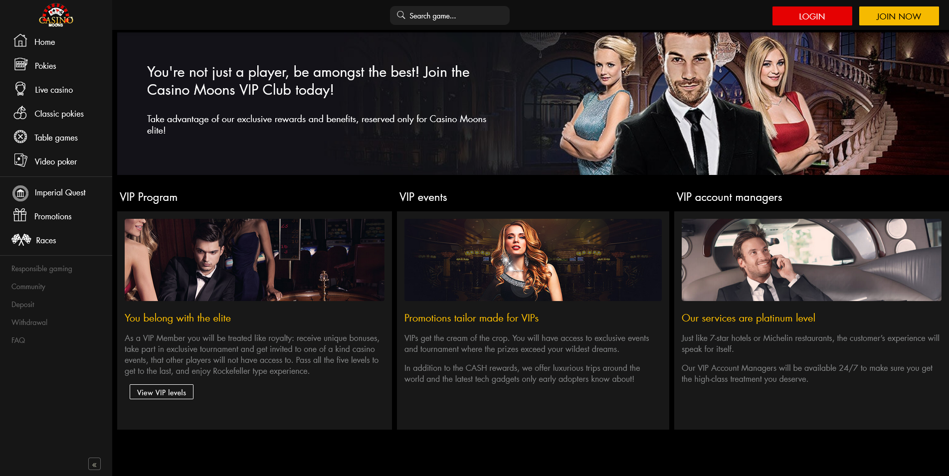 Screenshot of VIP program page on Casino Moons site