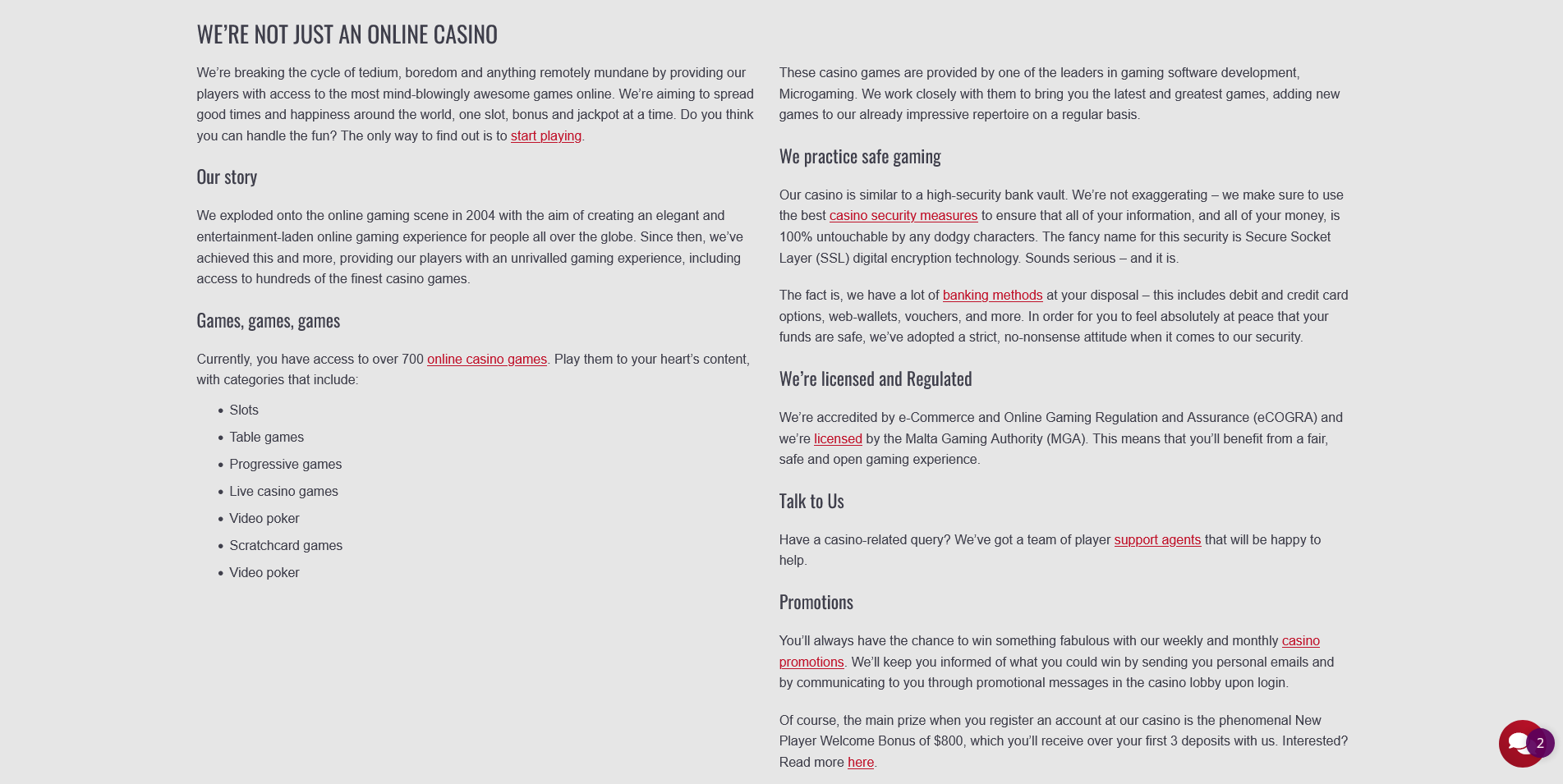 Screenshot of the "About Us" page of Platinum Play Casino