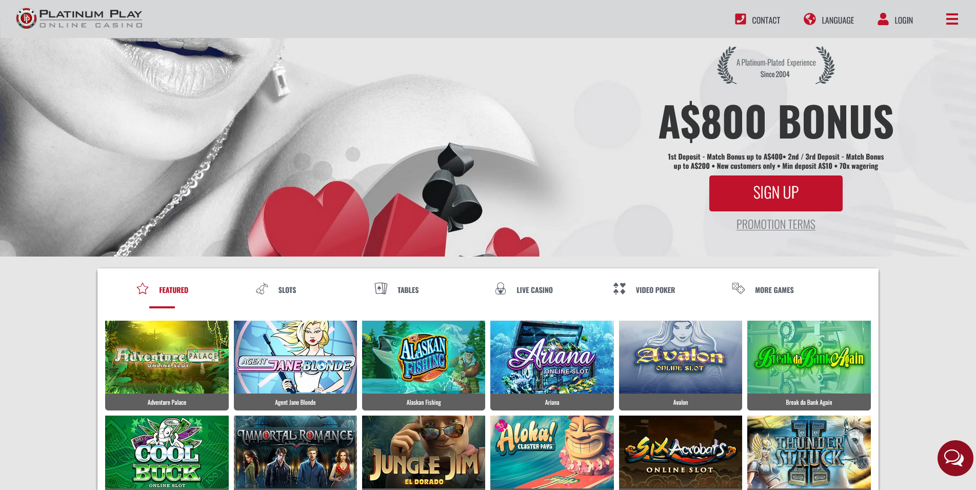 Screenshot of the home page of Platinum Play Casino