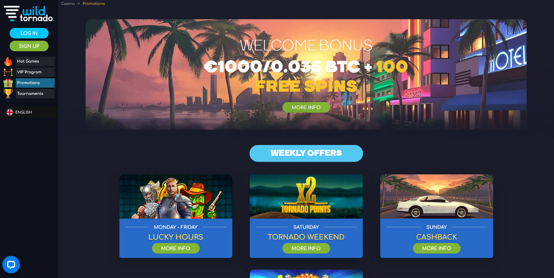 Screenshot of Promotions category on Wild Tornado casino