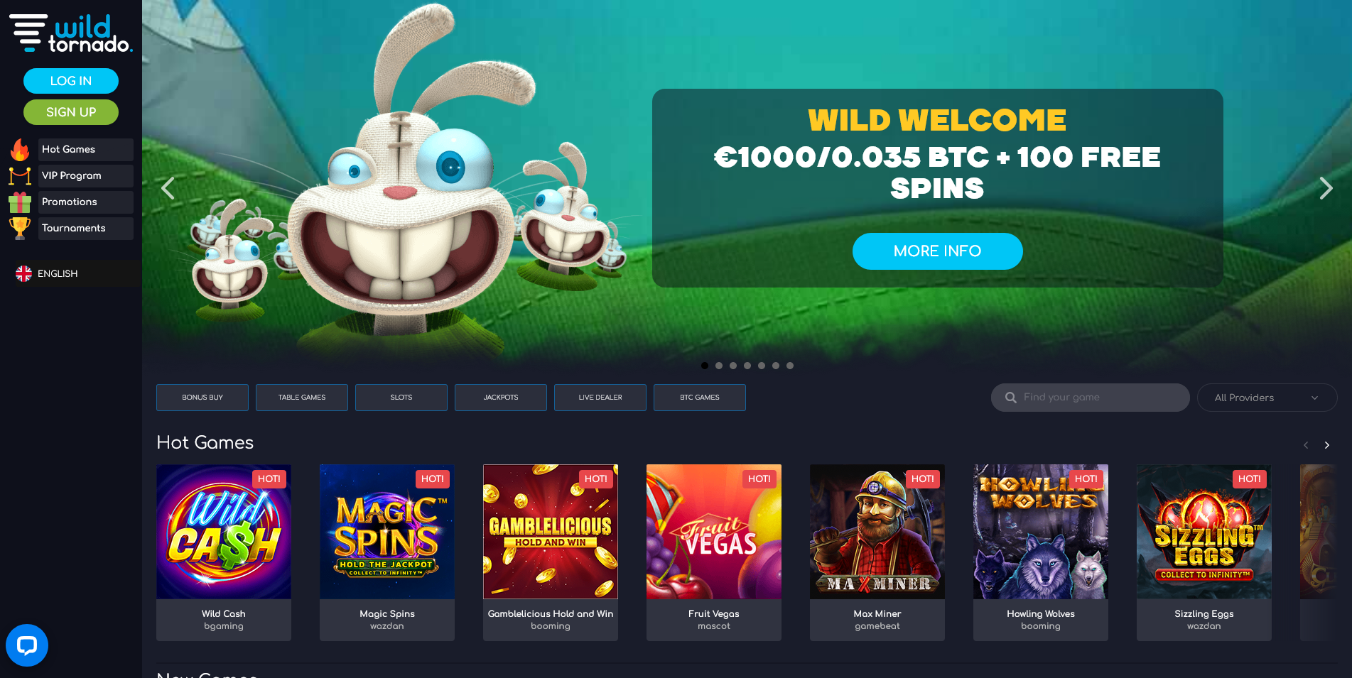 Screenshot of main page on Wild Tornado casino site