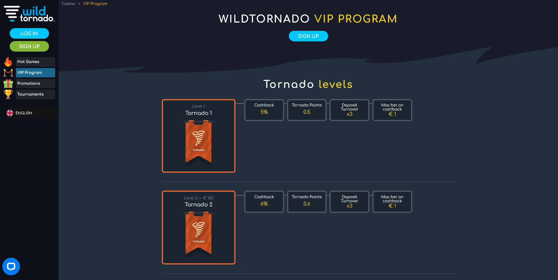 Screenshot of VIP program page on Wild Tornado casino