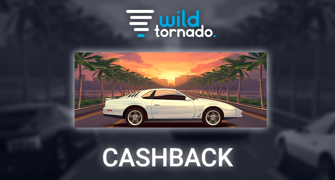 Wild Tornado Casino logo and a stylish white car in front of the track