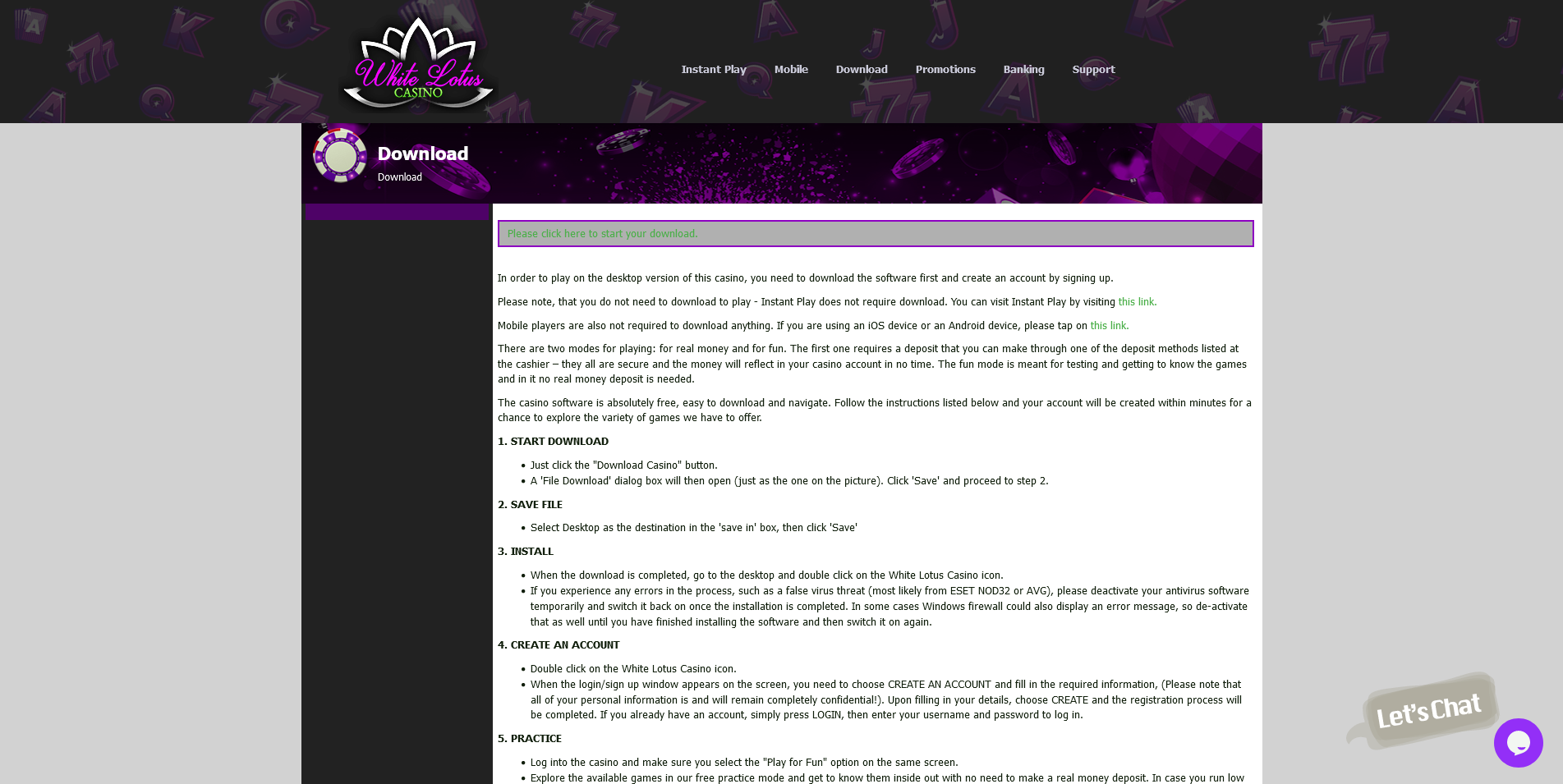 Screenshot of Download App Page on White Lotus Casino site