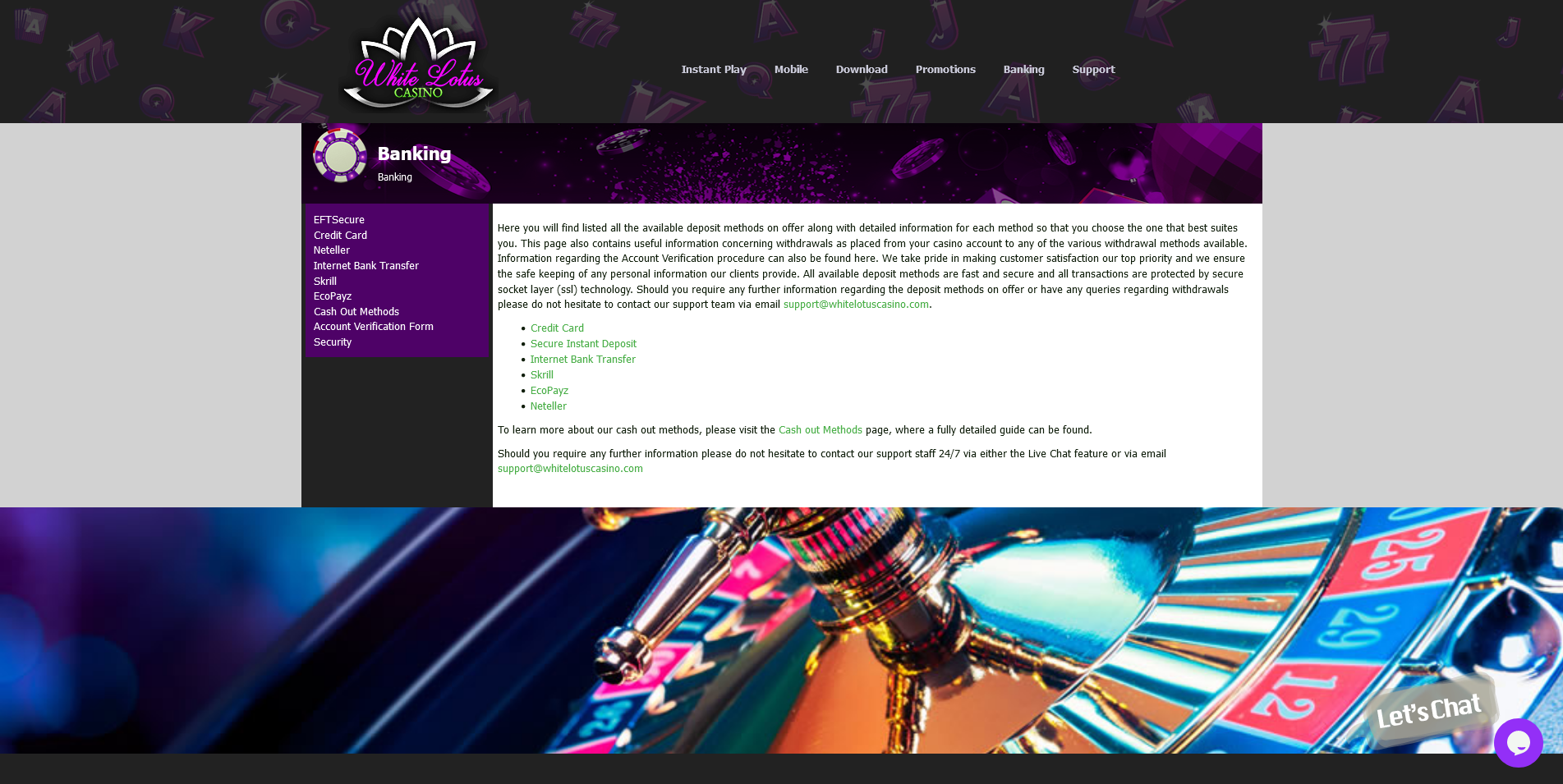 Screenshot of Banking Info Page on White Lotus Casino site