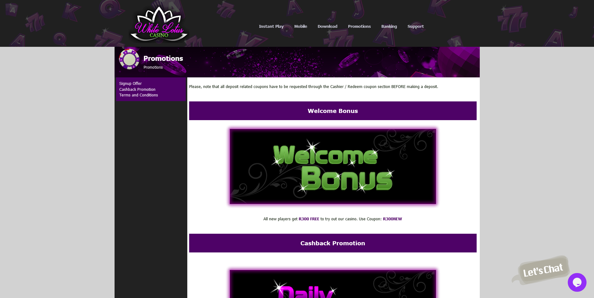 Screenshot of Bonuses and Promotions Page on White Lotus Casino site