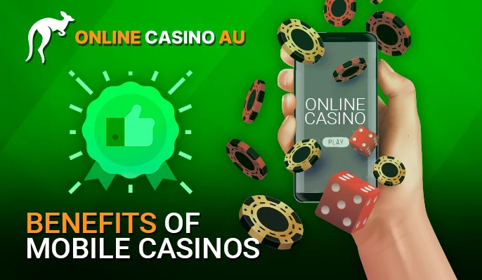 In hand phone with an offer to play in the mobile casino surrounded by chips and Online-Casino AU logo