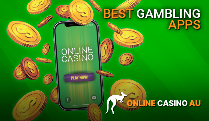 Online Casino AU Logo and mobile casino in cell phone surrounded by coins