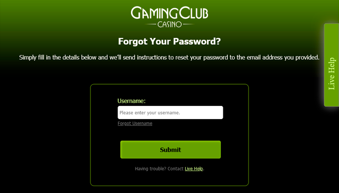 Gaming Club password recovery form