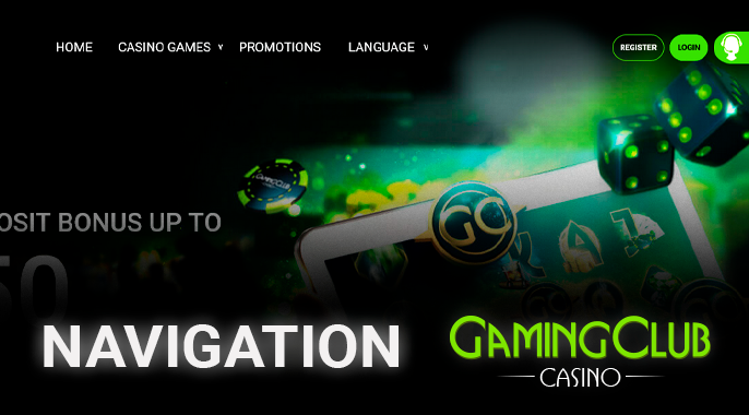 Gaming Club website top menu with navigation and registration buttons