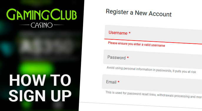 Registration form at Gaming Club Casino