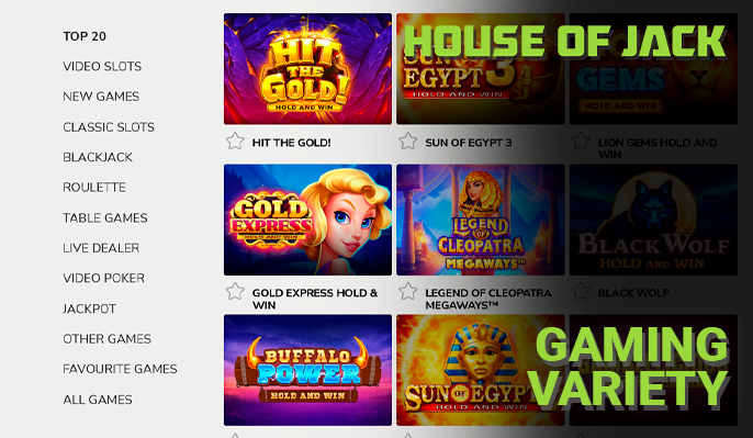 Department with gambling and its categories at House of Jack Casino