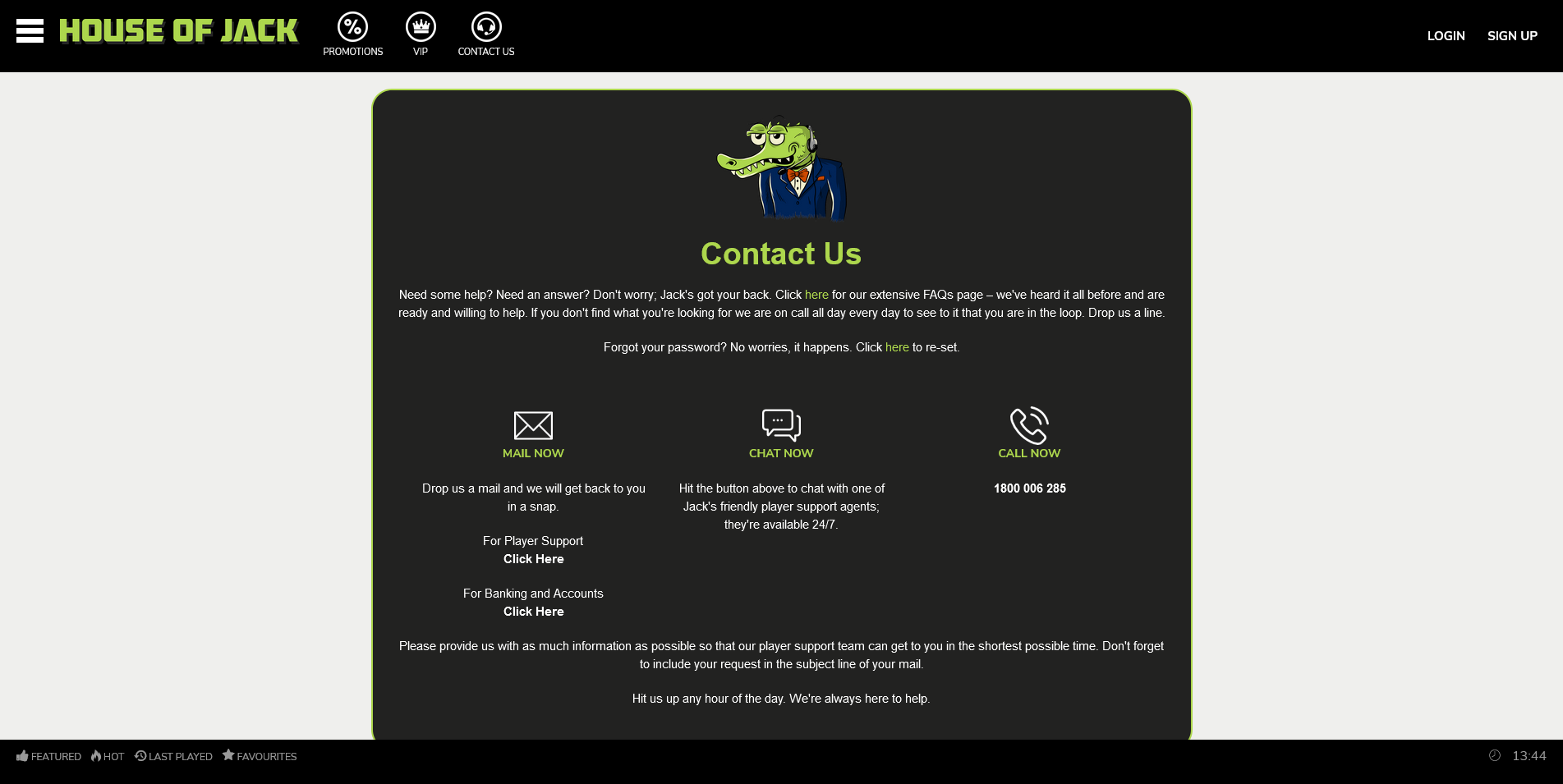 Screenshot of the House of Jack Casino contacts page