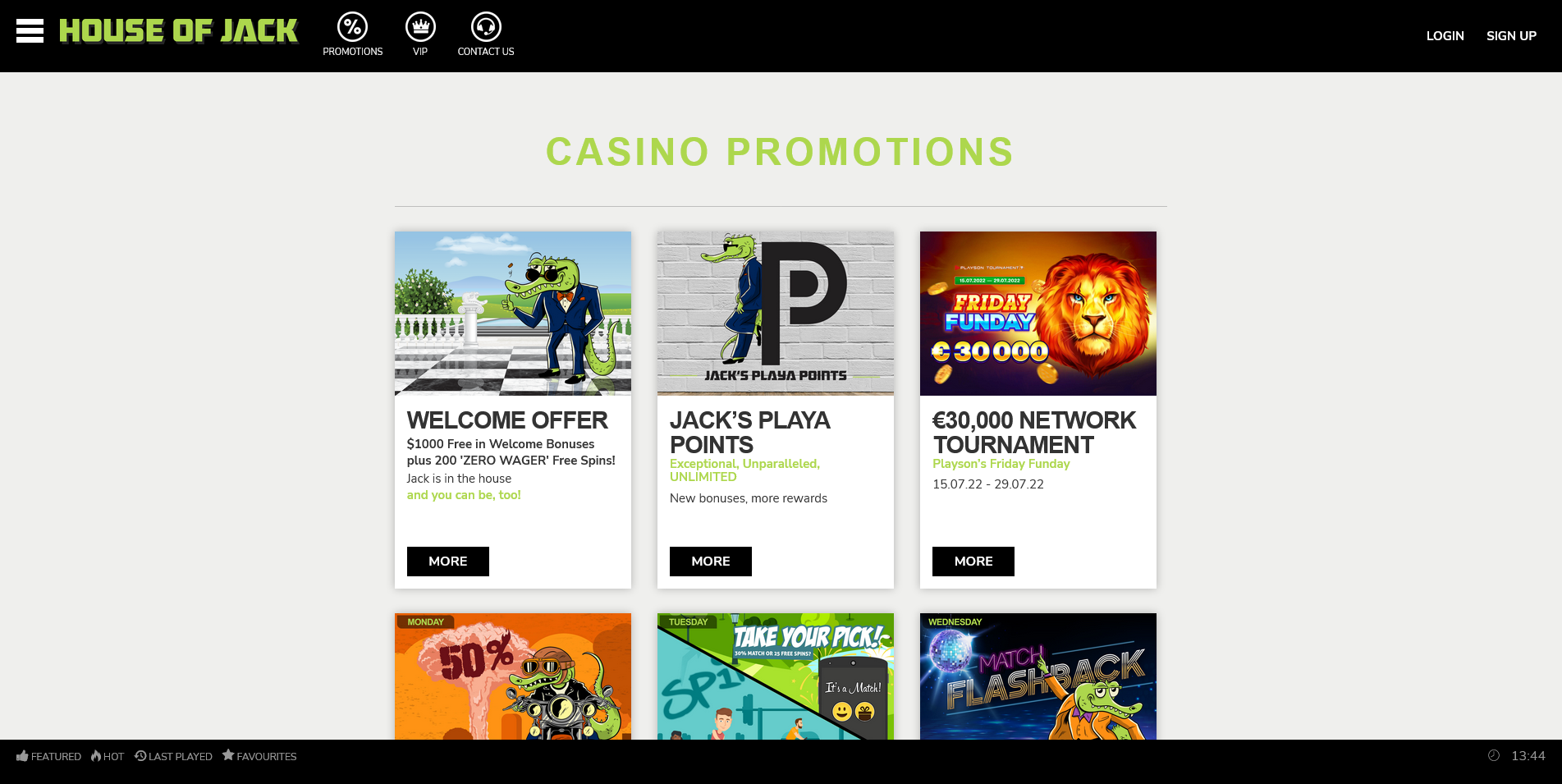 Screenshot of the House of Jack Casino promotions page