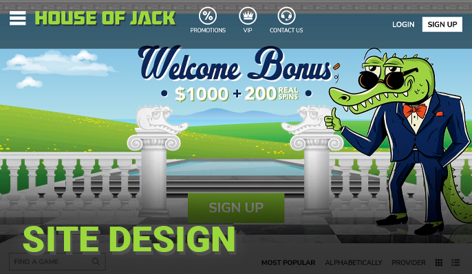 The main top menu of the site Hous Of Jack Casino with important buttons