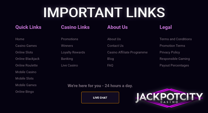 Bottom menu with important links on the Jackpot CIty Casino website