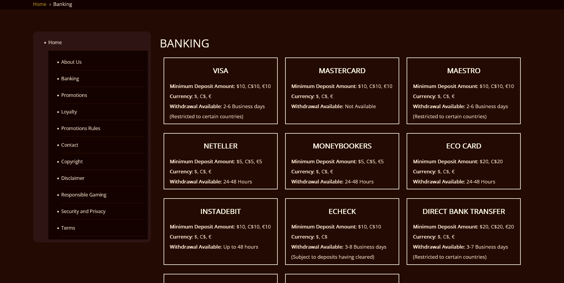 Screenshot of the River Belle Casino banking page