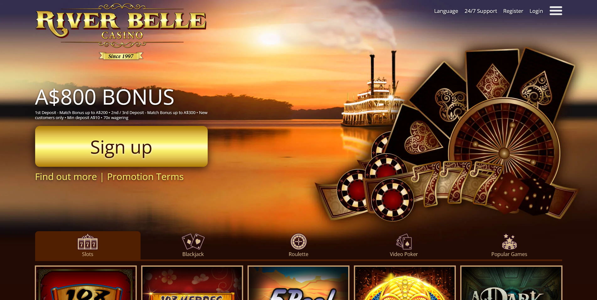 Screenshot of the River Belle Casino home page