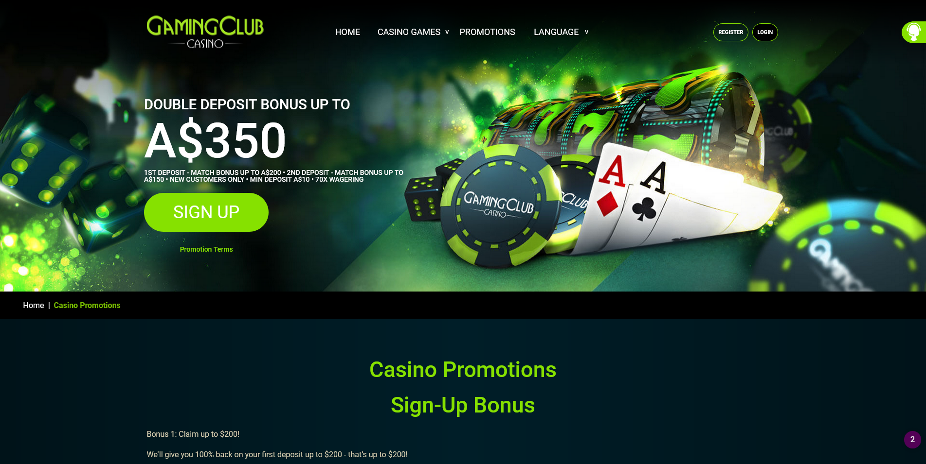 Screenshot of the bonus offers page at Gaming Club