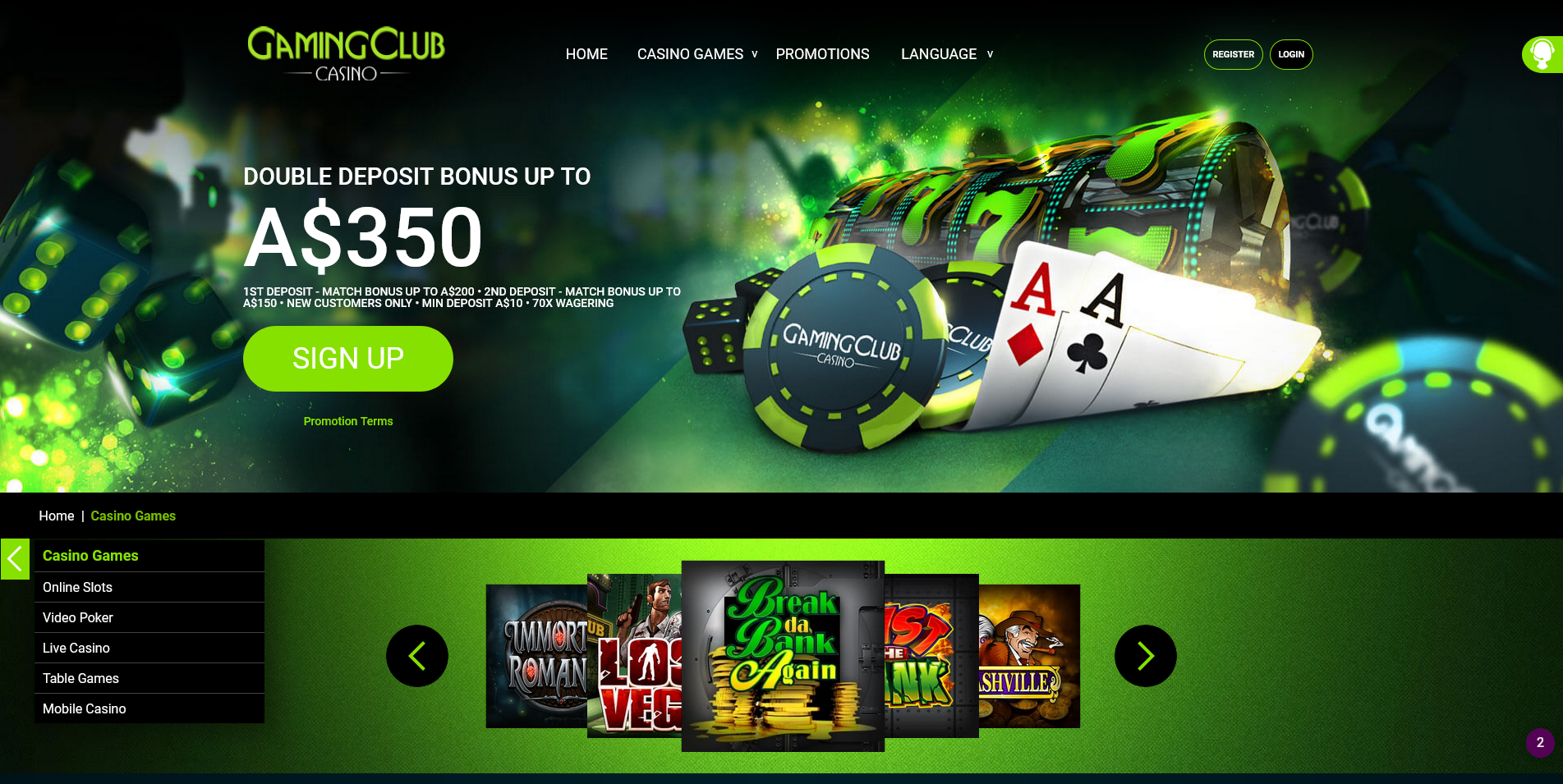 Screenshot of the page Gaming Club Casino gaming section
