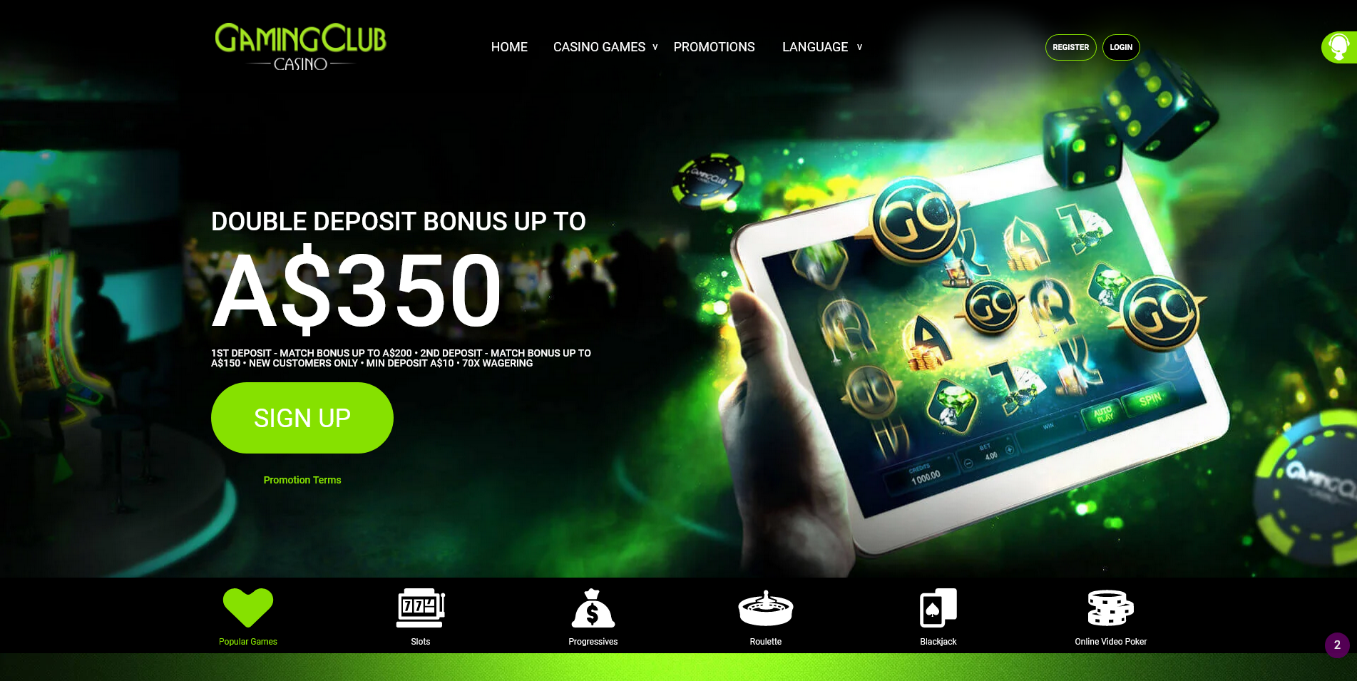 Screenshot of the Gaming Club Casino home page