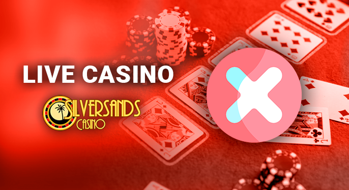 Poker table with chips and cards in the background and a cancel icon next to the SilverSand Casino logo
