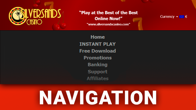 SilverSand Casino website main menu with navigation buttons