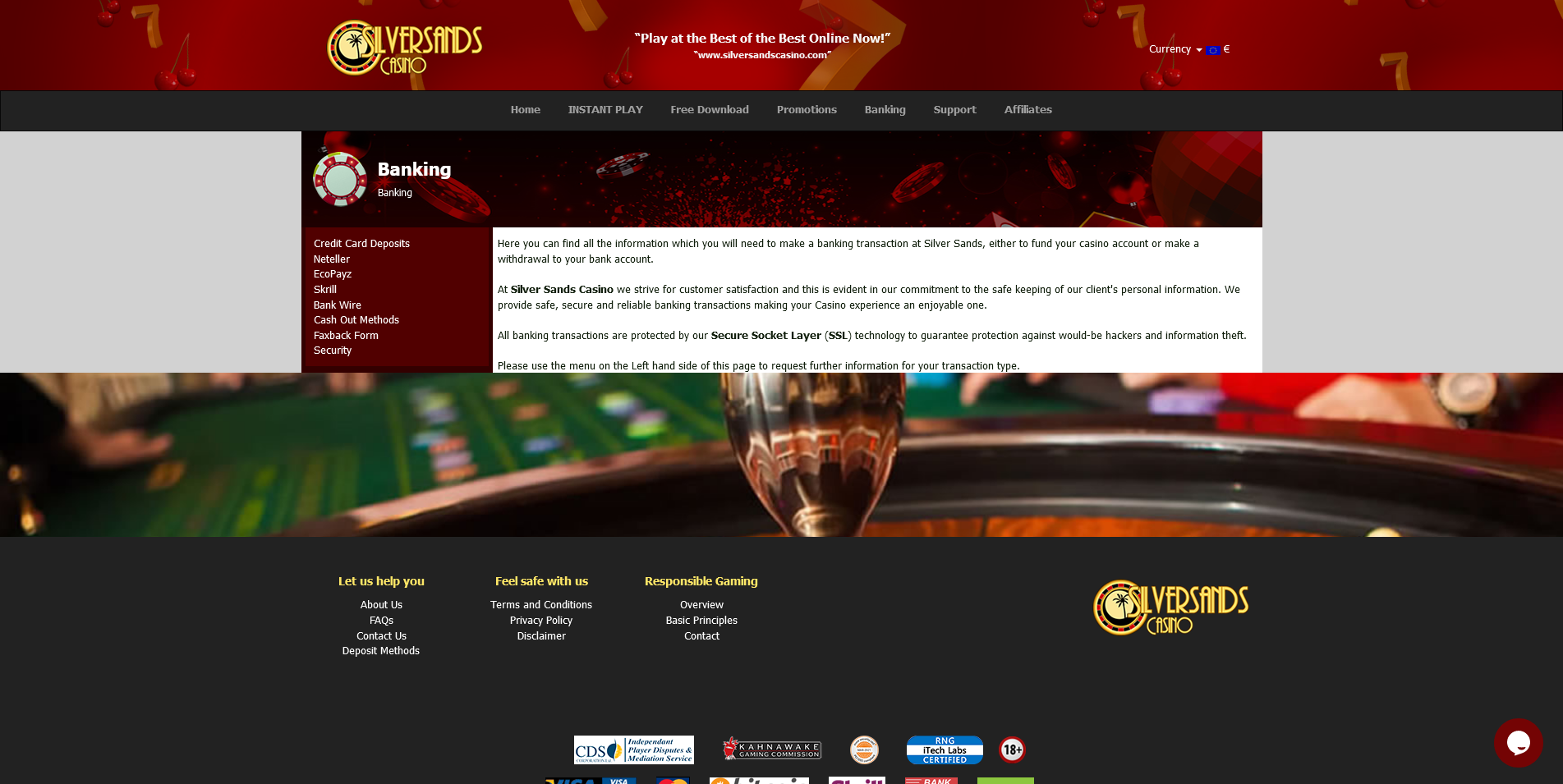 Screenshot of Banking Info Page on SilverSands Casino site