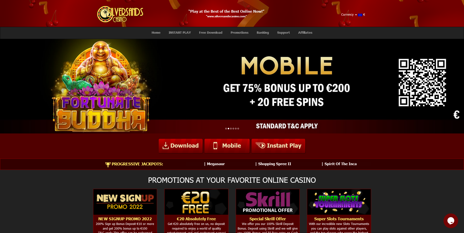 Screenshot of main Page on SilverSands Casino site