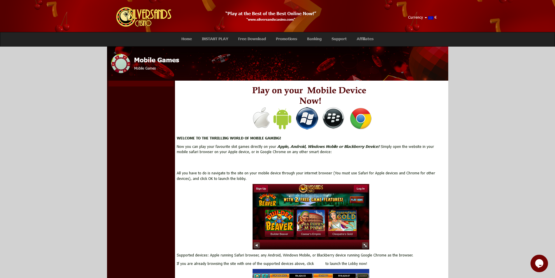 Screenshot of Mobile App Download Page on SilverSands Casino site