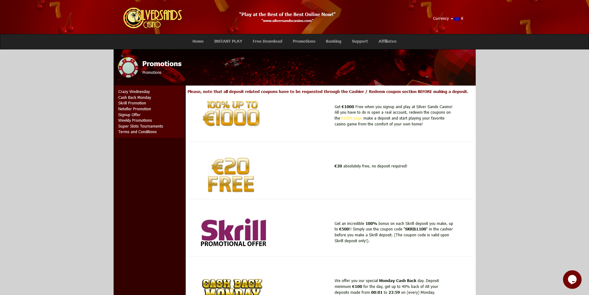 Screenshot of Promotions Page on SilverSands Casino site