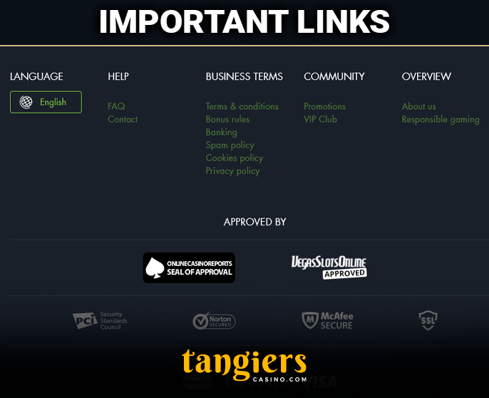 The bottom of the Tangiers Casino website with important links and security logos