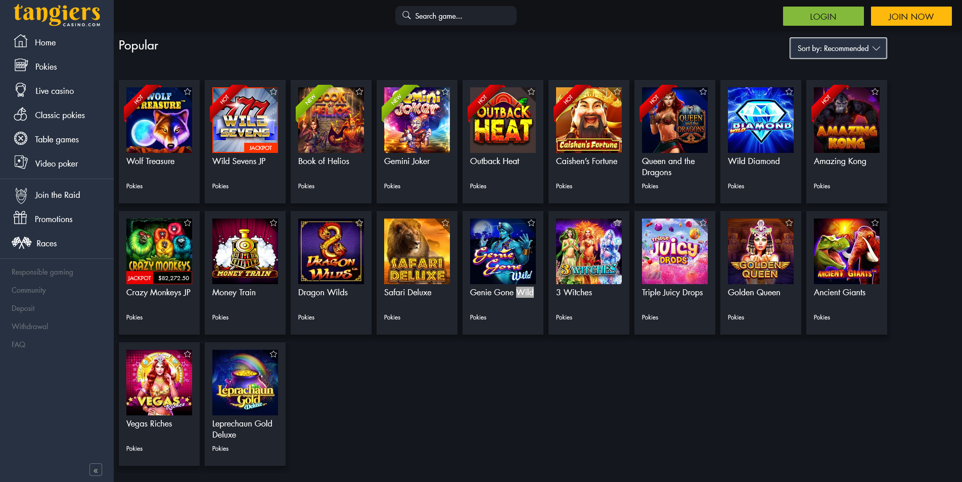 Screenshot of Game Section Page on Tangiers Casino site