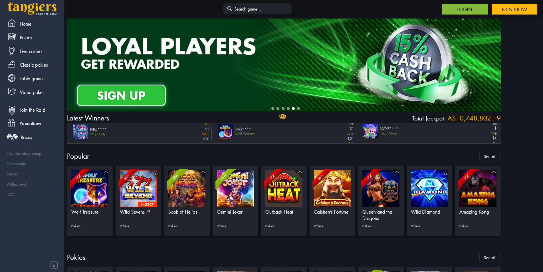 Screenshot of main Page on Tangiers Casino site