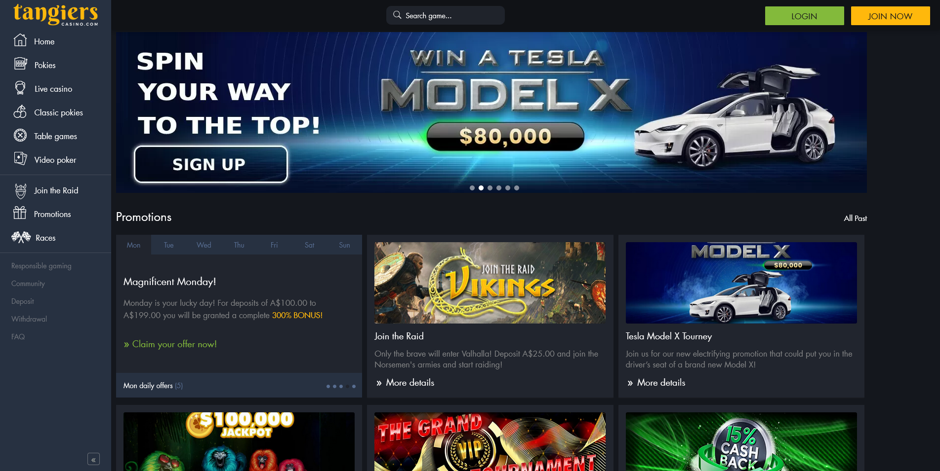 Screenshot of Promotions Page on Tangiers Casino site