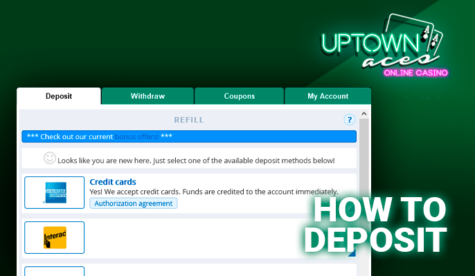 Uptown Aces Casino deposit form with the help of payment systems