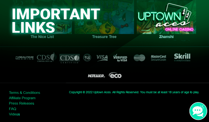 The bottom of the Uptown Aces Casino website with important links and logos of gambling providers