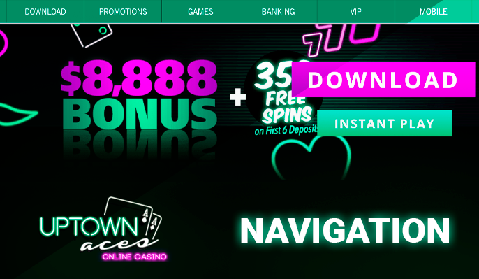 Navigation buttons on the Uptown Aces Casino website with a welcome bonus banner