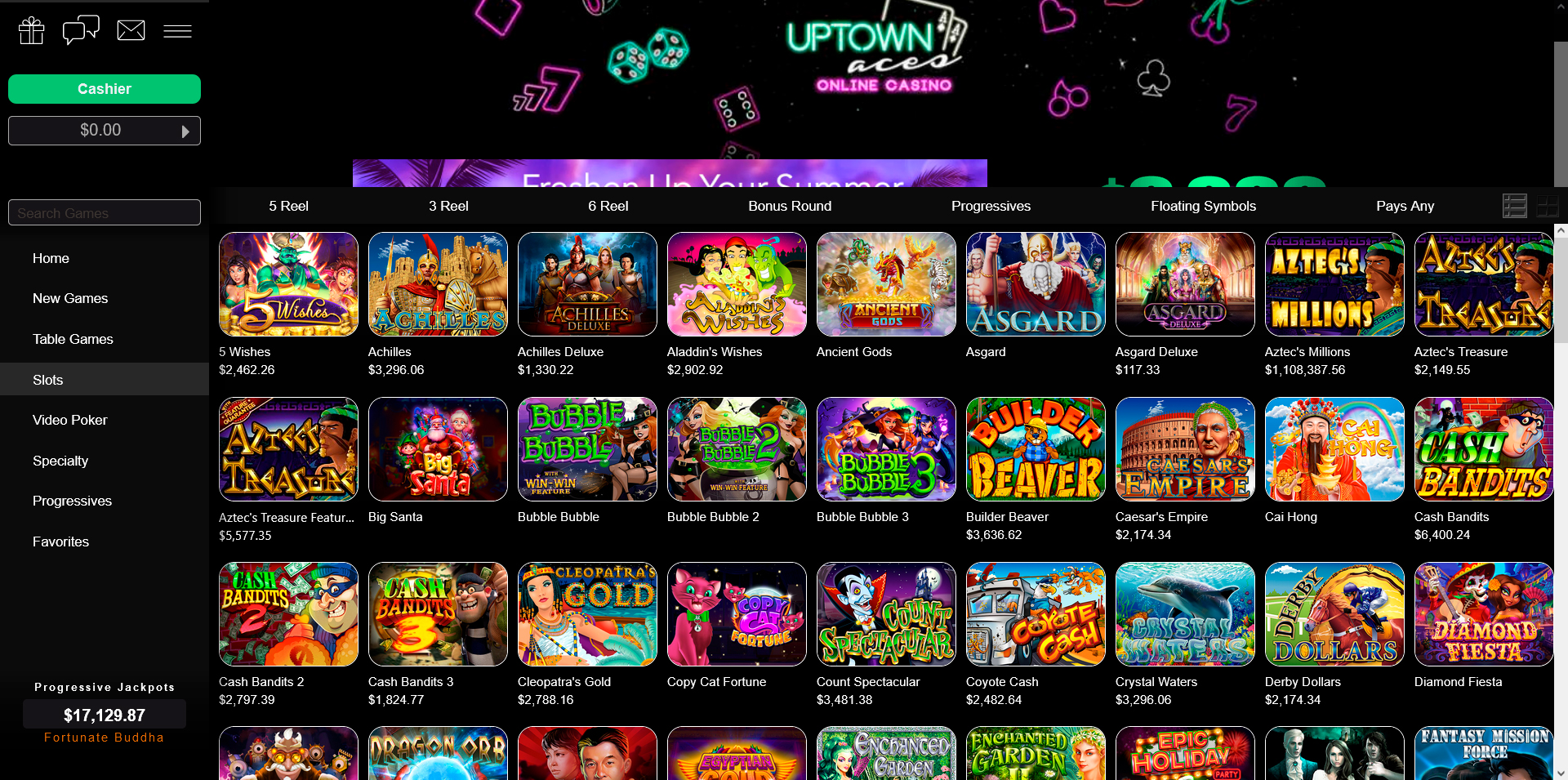 Screenshot of Game Section on Uptown Aces Casino site