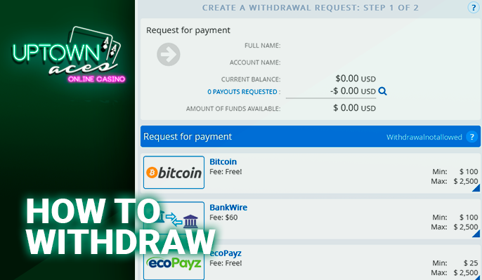 Withdrawal form with payment systems at Uptown Aces Casino