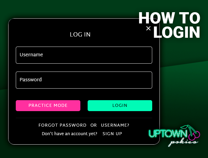 Uptown Pokies Casino authorization form with nickname and password