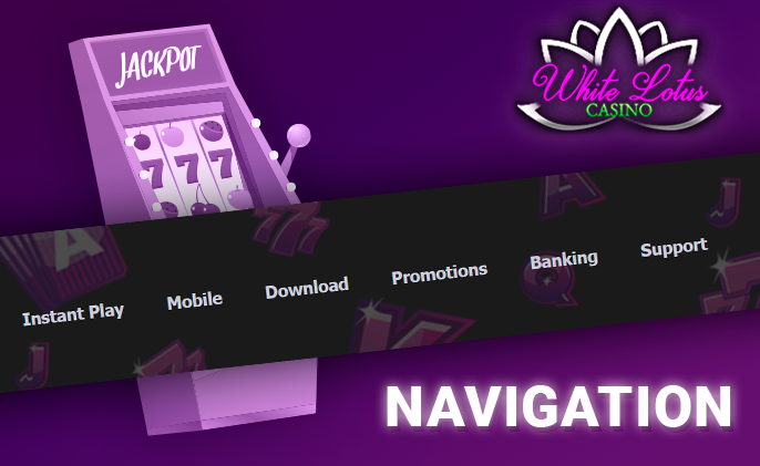 White Lotus Casino website navigation menu with gambling in the background