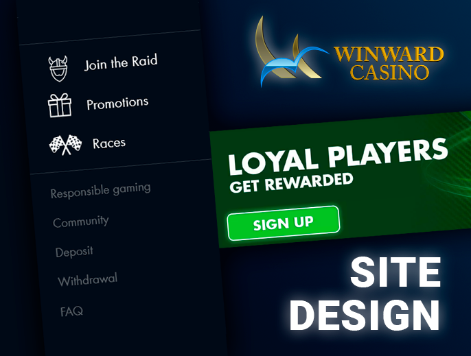 Elements of the Winward Casino website with menu and welcome banner
