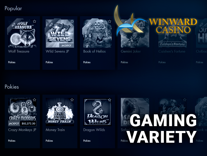 Gambling sections at Winward Casino with game icons